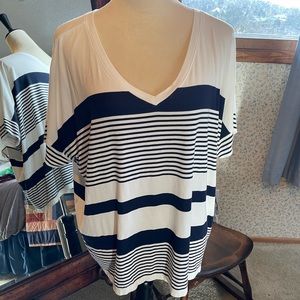 CAbi #5925 White Blue Sailor Tee Oversize Short Sleeve V Neck Jersey Top Medium